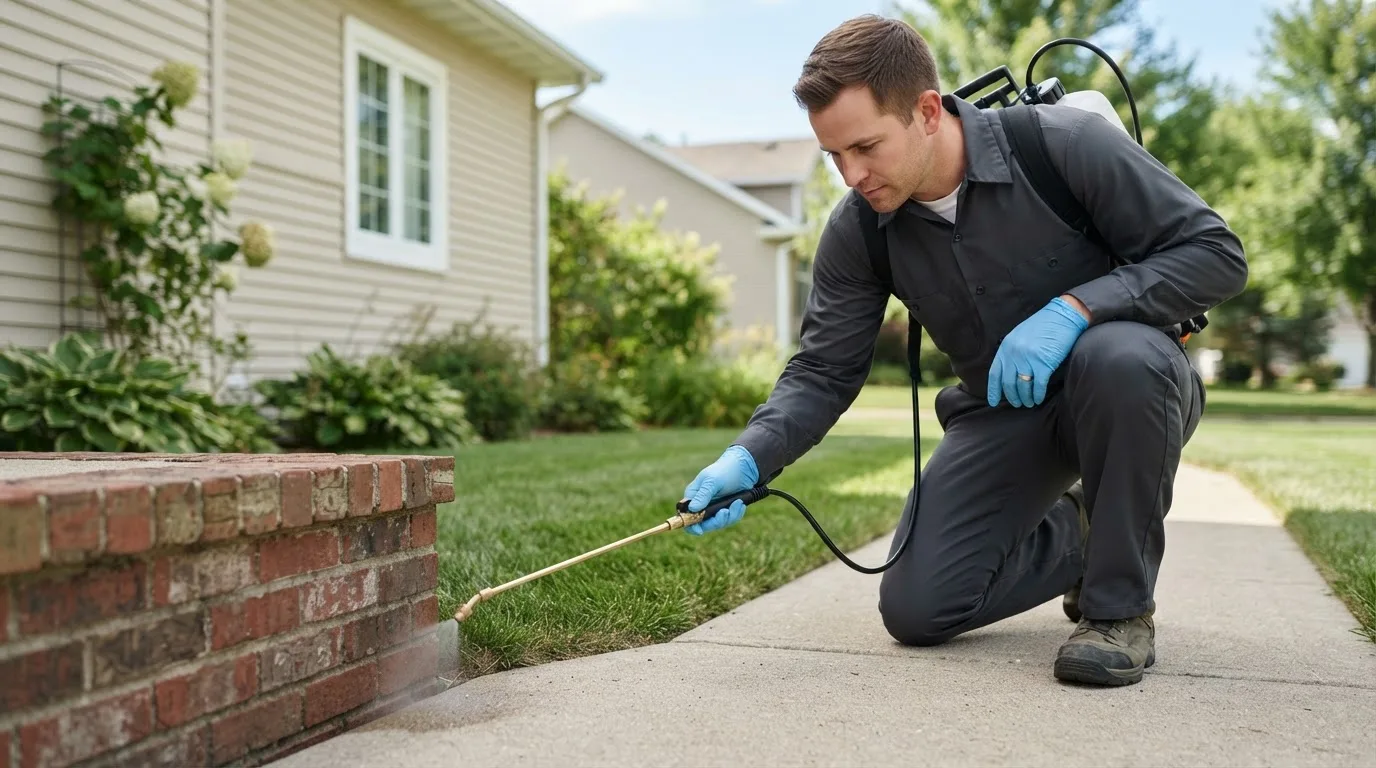 Pest control technician treating a home near Arundel, ME